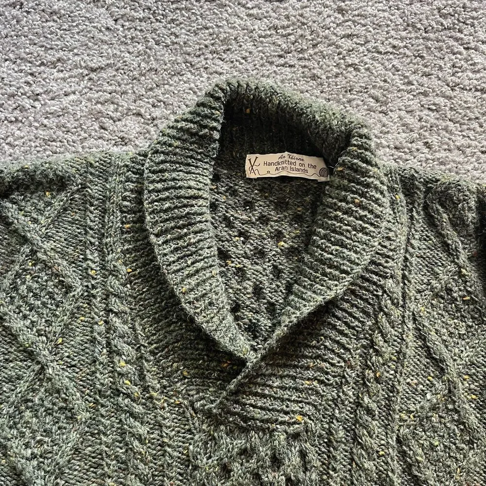 VTG Aran Islands Irish Wool Sweater Green Chunky Fisherman Cable Knit Shawl Sz L